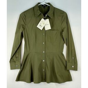 Theory Peplum Button Front Blouse Petite Olive Green Collared Pocket Minimalist